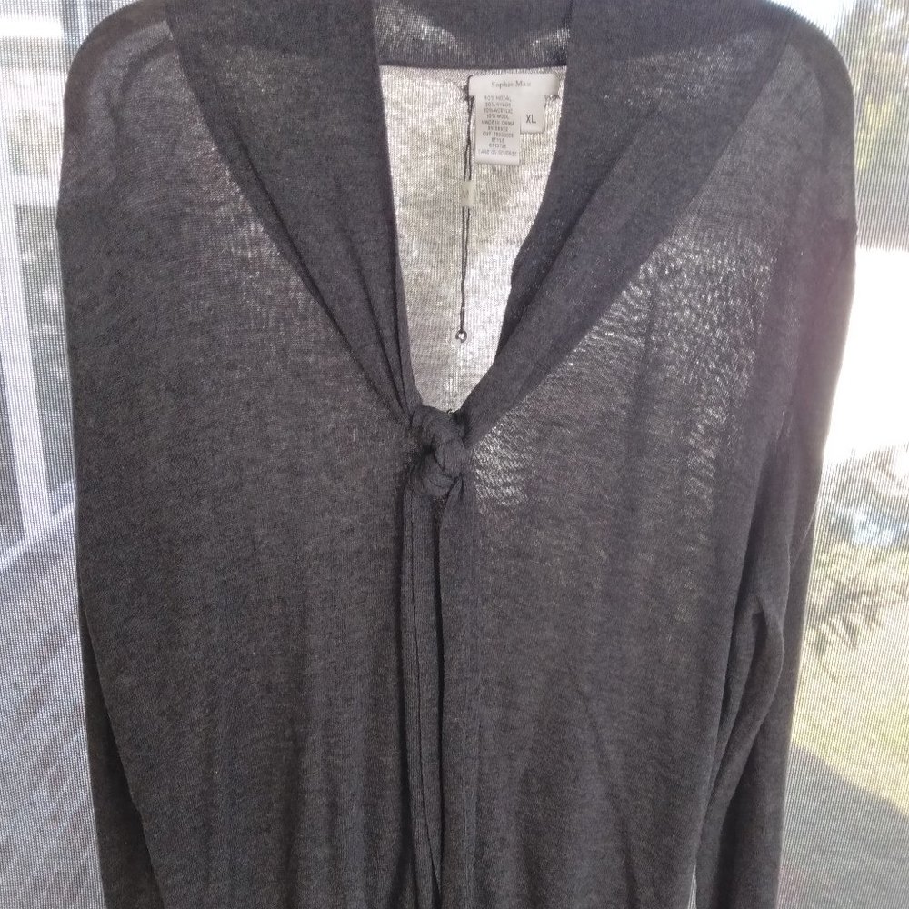 New Sophie Max Pullover Dark Gray Long Sleeve Sweater with V- Neck and Front Tie